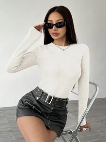 Flirla Suéter casual de manga larga con cuello redondo, ajuste ceñido y unicolor para mujer