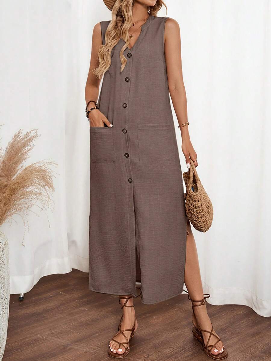 SHEIN LUNE Robe longue femme sans manches style lin, col en V, avec boutons ouverts, poche et fente fendue