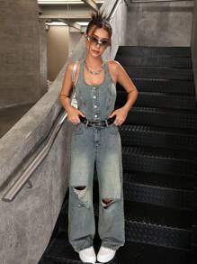 SHEIN Mono de peto de mezclilla azul vintage con tirantes tipo espagueti y rasgados para chicas adolescentes - Azul lavado medio - Ver 1
