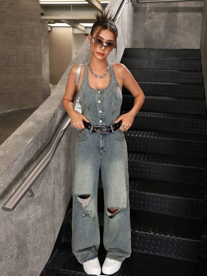 SHEIN 适合少女的复古蓝色牛仔细肩带破洞连体裤