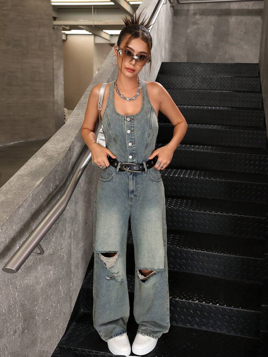 SHEIN Mono de peto de mezclilla azul vintage con tirantes tipo espagueti y rasgados para chicas adolescentes - Azul lavado medio - Ver 1