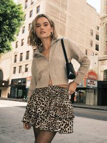 SHEIN EZwear Leopard Printed Elastic Waist Summer Ruffled Skirt - Multicolor - View 2