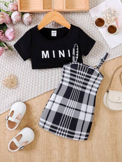 Baby Girl Letter Graphic Tee & Plaid Print Cami Dress, For Christmas