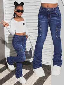 SHEIN Tween Girl Y2K Solid Washed Flared Jeans With Pleats And Flap Pocket Stacked Cargo Jeans - Dark Wash - View 1