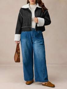 Elaquor Chaqueta de bombardero suelta con cremallera de piel sintética de talla grande con diseño de patchwork, para uso casual en otoño