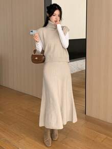 DAZY 2 件套女士纯色高领无袖上衣和裙子，优雅针织毛衣套装，适合秋冬 - 卡其色 - 查看 1