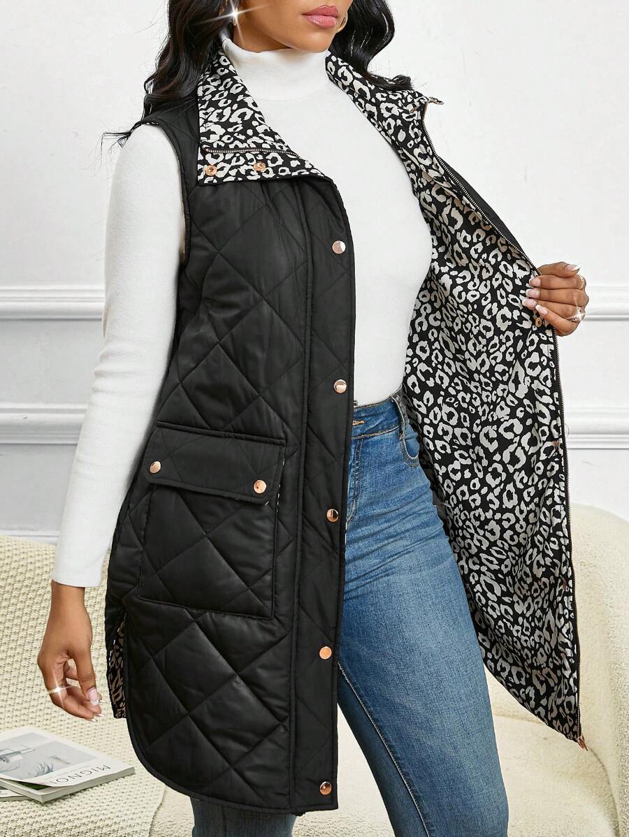 SHEIN Lady 女士休闲黑色无袖冬季外套 - 黑色 - 查看 1