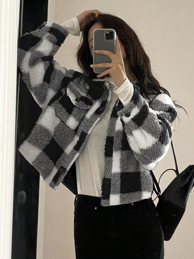 Plaid Fleece Loose Casual Short Jacket For Women, Autumn/Winter,Flannels Women,Fall Women Clothes Women Coats