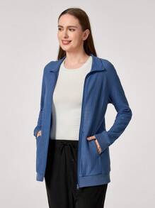 TaskEZ Chaqueta casual de uniforme de atención médica con cremallera frontal, cuello alto y manga larga de un solo color