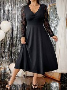 SHEIN Unity 大码女式纯色蕾丝边 V 领长袖优雅连衣裙，秋冬季长款女装 - 黑色 - 查看 3