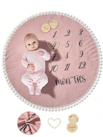 SHEIN Newborn Baby Number Print Contrast Pompom Trim Round Neck Photography Outfit