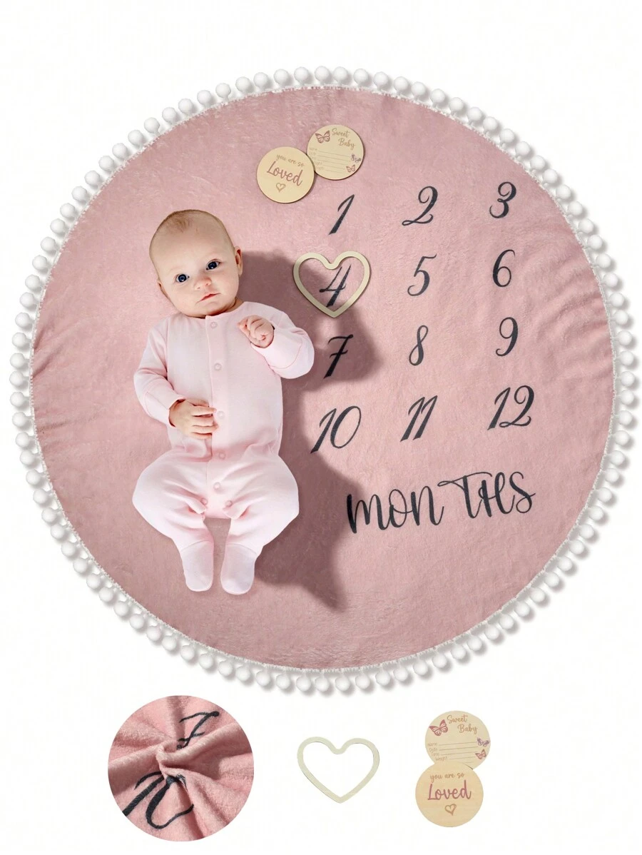 SHEIN Newborn Baby Number Print Contrast Pompom Trim Round Neck Photography Outfit - Pink - View 1