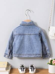 SHEIN Baby Mädchen Sonnenblumen Leoparden Muster Tasche Retro Blau Denim Kragen Langarm Jacke - Helle Waschung - Übersicht 2