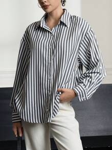 INAWLY 女士前扣长袖简约条纹衬衫，休闲日常穿着 - 黑與白 - 查看 6