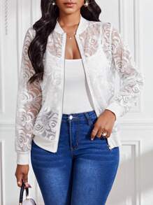SHEIN Lady Chaqueta casual casual de mujer de estampado bordado y visión transparente con cremallera frontal, abrigo blanco y conjuntos de mujer de otoño, chaquetas de mujer de otoño - Negro - Ver 1