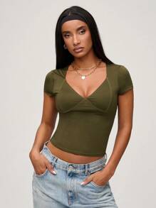 SHEIN BASICS 2pcs/Set Basic Solid Color V-Neck Short Sleeve Fitted Women T-Shirts - Multicolor - View 4
