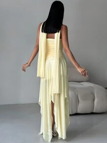 Firerie 女士优雅派对礼服，搭配不规则下摆褶饰网眼围巾系带紧身露肩黄色连衣裙 - 黃色 - 查看 2