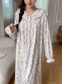 DAZY Floral Allover Print Loose Ruffled Collar Nightgown Pajama, Fall - Beige - View 5