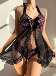 2pcs Set: Lace & Mesh Sexy Nightgown With G-String - Multicolor - View 3