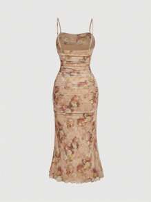 SHEIN MOD 大码女式复古蕾丝边、蝴蝶结后领带、褶饰细节修身缎面中长杏色连衣裙、性感连衣裙、舞会礼服、伴娘礼服、返校节礼服、半正式礼服 - 彩色 - 查看 2