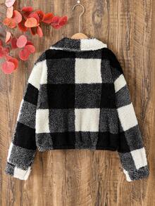 SHEIN Tween Girl 休闲街头运动领黑白格子保暖羊毛加厚工装口袋短夹克，适合秋冬季 - 黑與白 - 查看 6