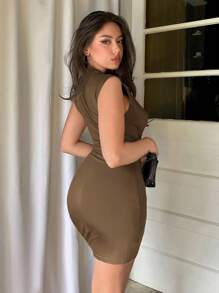 Firerie 1 件女式纯色立领修身收褶迷你连衣裙 - 卡其色 - 查看 2