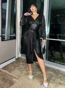 Allurite Plus Size V-Neck Ruched Mesh Sequins Lantern Sleeve Sexy Sheer Bodysuit For Party