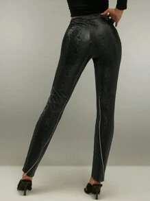 SHEIN Unity Women Black Snake Skin Pattern Hollow Out Waist Tight Fit Leather Pants - Black - View 6
