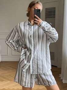 DAZY Striped Texture Loose Shirt Style Home Service Set Pajama - White - View 3