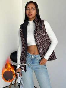 SHEIN Privé 双面黑色豹纹保暖内衬背心/夹克，冬季外套 - 彩色 - 查看 2