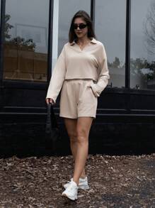 INAWLY Conjunto de 2 peças feminino casual solto cor sólida lapela ombro caído manga comprida top e shorts, primavera outono - Damasco - Ver 5
