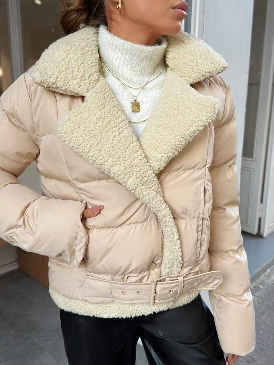 EURMUSE Contrast Collar Teddy Patchwork Snap Button Padded Coat Keeping Warm - Beige - View 1