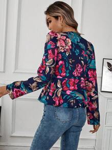 SHEIN Clasi Áo khoác cardigan nữ bó sát có khóa kéo phía trước in tranh sơn dầu hoa - Màu xanh hải quân - Xem 2