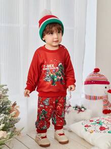 SHEIN 2pcs/Set Baby Boys Christmas Dinosaur Pattern Thermal Lined Sweatshirt And Joggers Set - Burgundy - View 7