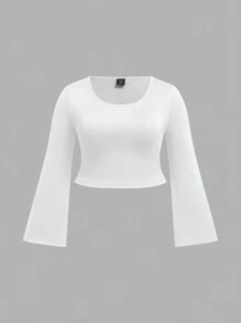 Flirla Plus Size Solid Color Crew Neck Long Sleeve Cropped Top, Casual Daily Wear