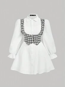 SHEIN MOD 大码拼色长袖衬衫裙配背心，学院风，两件套服装，自由打底裙，舞会礼服，教师礼服，办公室服装，返校节礼服，返校礼服，商务休闲女装 - 黑與白 - 查看 1