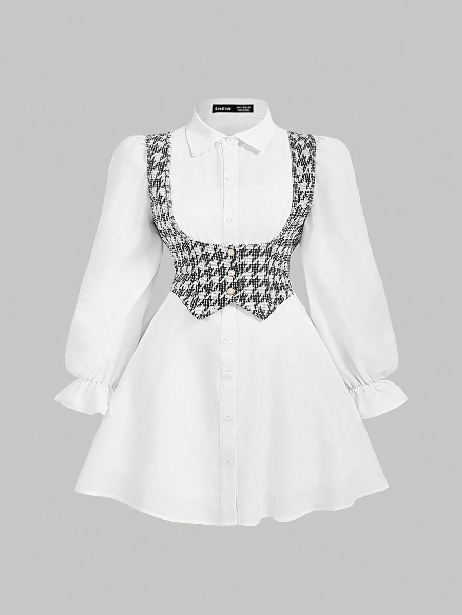 SHEIN MOD 大码拼色长袖衬衫裙配背心，学院风，两件套服装，自由打底裙，舞会礼服，教师礼服，办公室服装，返校节礼服，返校礼服，商务休闲女装 - 黑與白 - 查看 1