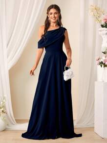 SHEIN Belle 1 件纯色不对称领口褶饰长款伴娘礼服 - 藏蓝色 - 查看 3