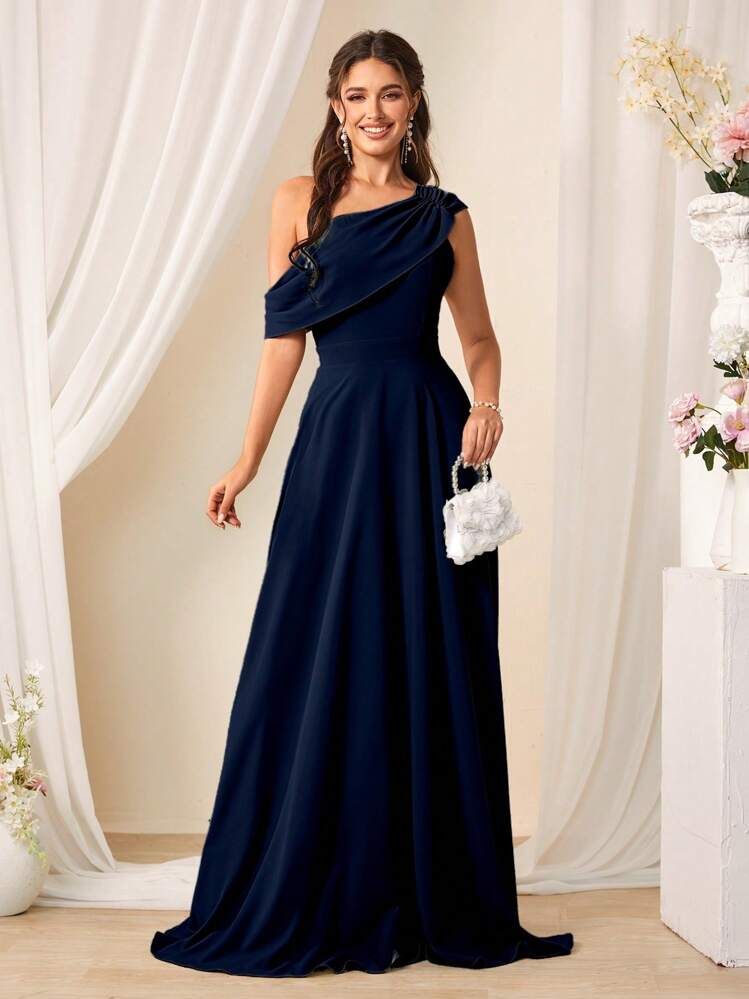 SHEIN Belle 1 pieza Vestido de dama de honor de largo maxi con cuello asimétrico y detalle fruncido en color liso - Azul Marino - Ver 3