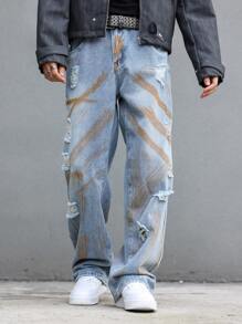 Manfinity EMRG Men's Casual Ripped Distressed Print Loose Fit Washed Denim Jeans, Autumn Light Blue Jeans, For Husband, Boyfriend Gifts - Blue - View 6