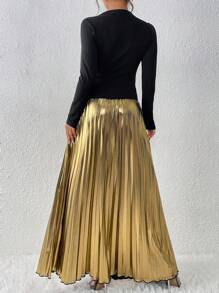 Chiquease 2pcs/Set Women's Elegant Solid Color Ruched Slim Fit Long Sleeve Top And Extra Long Metallic Ruched Skirt Suit For Autumn Fall Cloth For Women - Multicolor - View 2