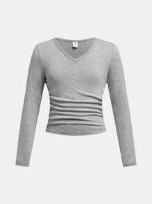 SHEIN Set de 3 blusas de punto de manga larga con cuello en V de unicolor, como capa base casual para niñas preadolescentes en otoño e invierno - Verde militar - Ver 8