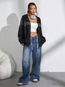 Flirla Reflective English Graphic Hooded Zip-Up Long Sweatshirt