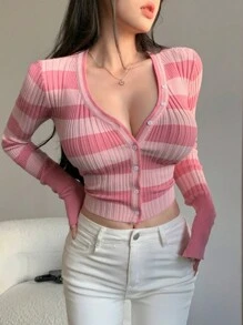 DAZY Valentine's Day Pink Striped Cardigan Sweater For Women - Pink - View 4