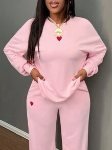 Slaydiva Conjunto informal de otoño/invierno 2024 con sudadera de cuello redondo con bordado de corazón y ajuste holgado, y pantalón de pierna ancha en color rosa - B