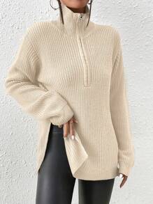SHEIN Frenchy Half Zip Drop Shoulder Grain Black Sweater In Fall/Winter Casual - Apricot - View 5