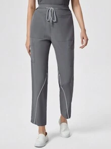 TaskEZ 女式系腰口袋制服手术裤 - 灰色 - 查看 3