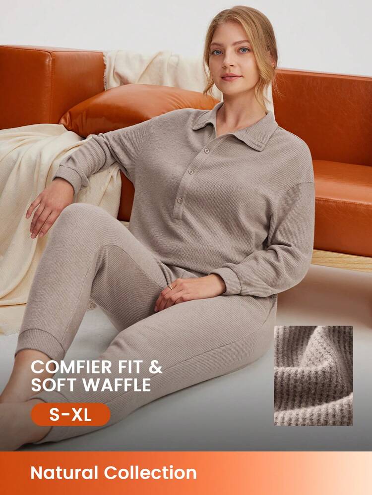 Women  Winter Soft Waffle Collared Button Pullover Long PJ Set