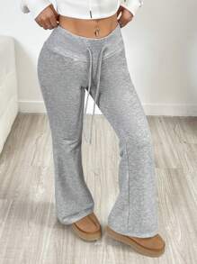 CovetEZ Solid Color Drawstring Twist Flare Leg Casual Versatile Knit Women Pants