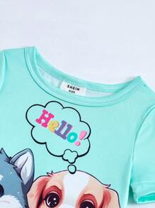 Baby Girl Simple & Cute Puppy Printed Snug Fit Short Sleeve Shorts Two Pieces Homewear Set - Multicolor - View 3